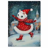 Christmas Wall Art Featuring White Cat Ice Skating in Red Snowflake Outfit Whimsical Holiday Illustration for Cozy Winter Decor and Animal Lovers on Ready to Hang 1.5" Thick Canvas Wrap, Floating Framed Canvas, Flat Rolled Canvas
